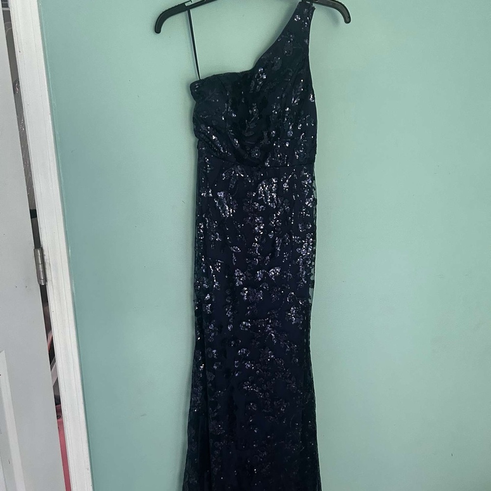 Pageant winning One-Shoulder Navy Blue Sequin Dress with detachable overskirt